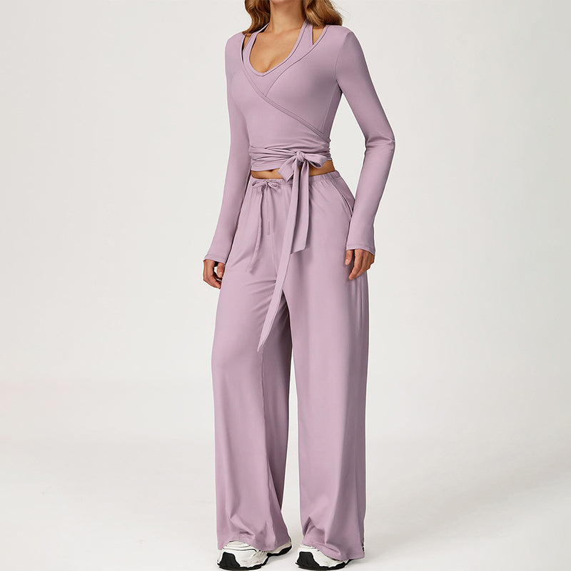 V-neck crop top+Open-back sleeveless crop+HIGH WAIST LEGGINGS 3-PIECE SET