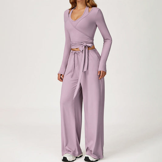 V-neck crop top+Open-back sleeveless crop+HIGH WAIST LEGGINGS 3-PIECE SET