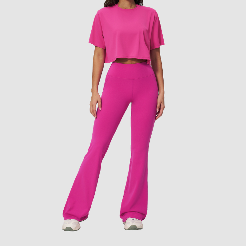 Wholesale round neck short sleeved top+flared pants 2-piece set