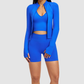 Wholesale cross shoulder strap bra+shorts+jacket 3-piece | Wonderxfans bulk activewear