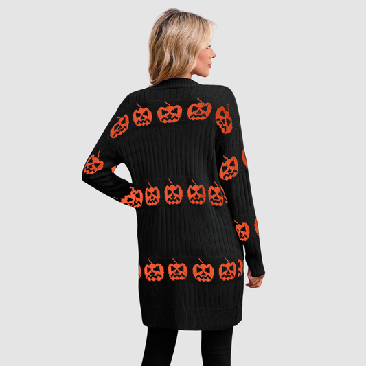 Wholesale Women's V-Neck Long Sleeve Halloween Witch Pumpkin Jacquard Cardigan