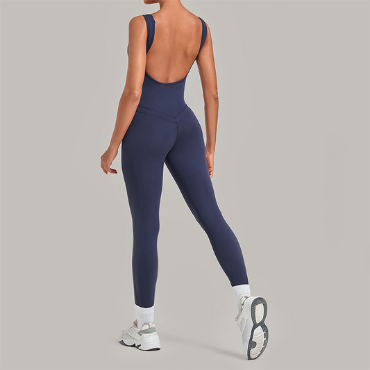 Wholesale Women's Brushed Yoga Jumpsuit – Open-Back Slim Fit Athletic Bodysuit w/ Chest Pad
