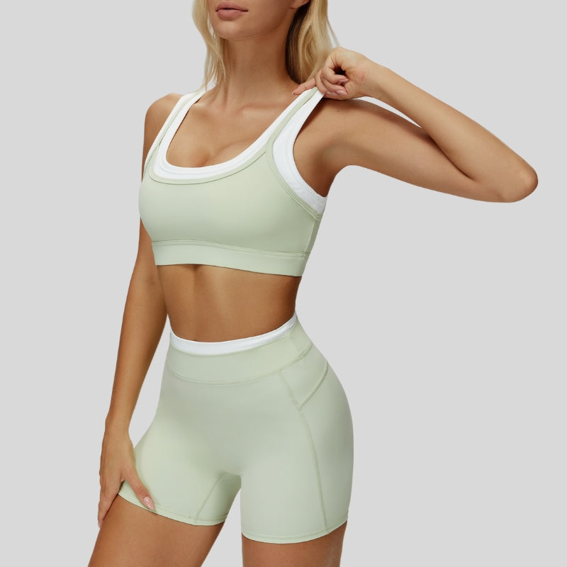 Contrast color sports bra + sports shorts 2-piece set