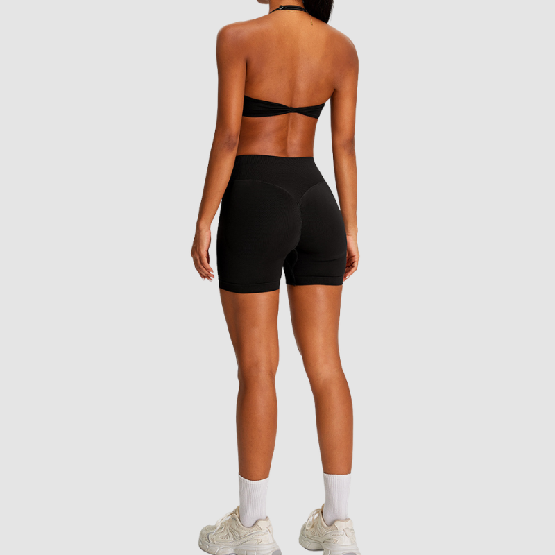 Wholesale Seamless Halter Sports Bra & High-Waist Biker Shorts Set – Naked-Feel Peach-Lift Yoga 2-Piece
