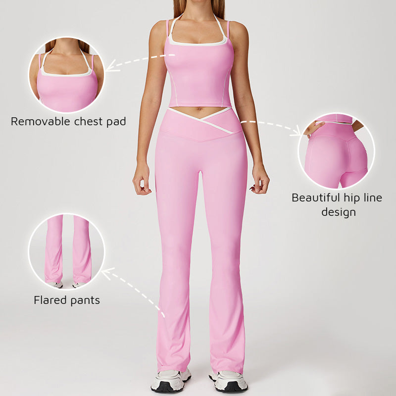 Fake two-piece halter tank top + High-waisted flared leg pants 2 piece Set