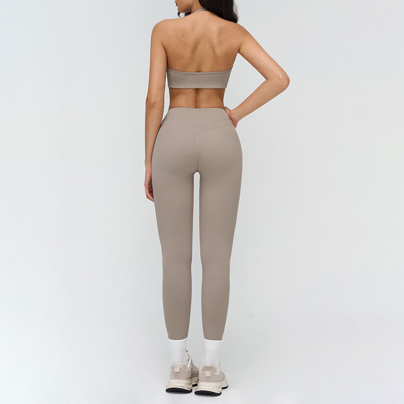Halter-neck open-back sports bra + high-waisted leggings 2-piece set