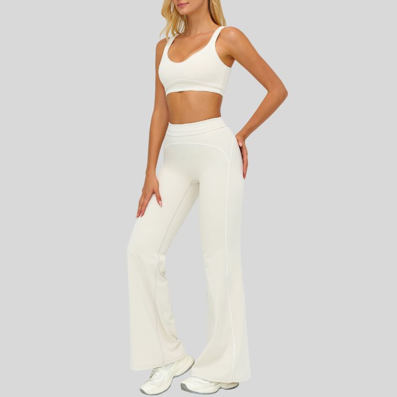 Contrasting bra with removable bra pads+High-waisted wide-leg pants 2-piece set