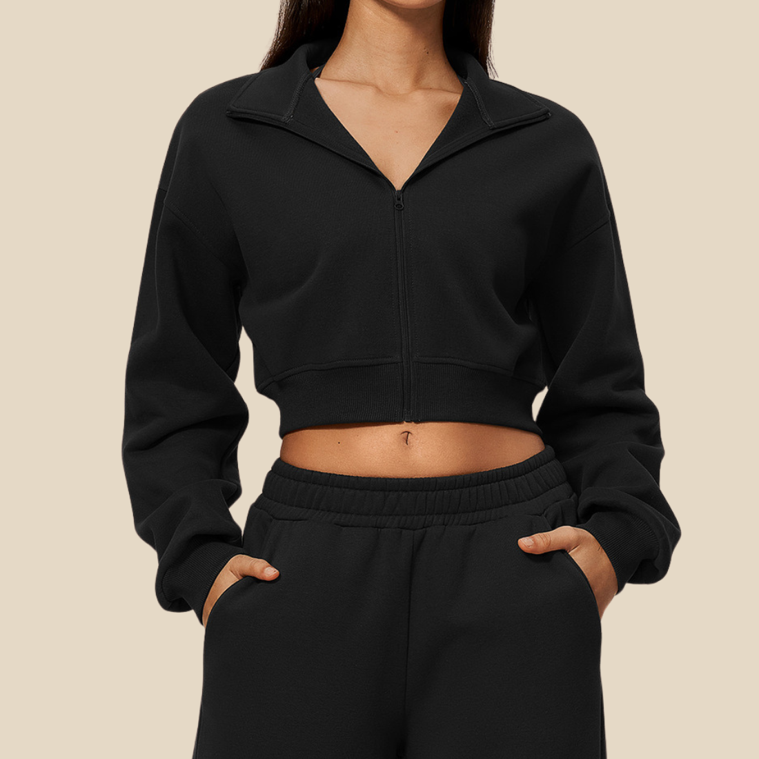 wholesale Women's Activewear Fleece-Lined Stand-Collar Zip Cropped Jacket
