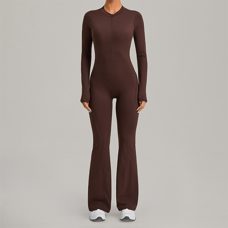 Zipper long sleeved backless fitness jumpsuit