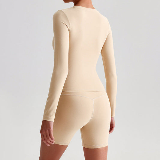 Long sleeve sports top + High-waist shorts 2-piece set