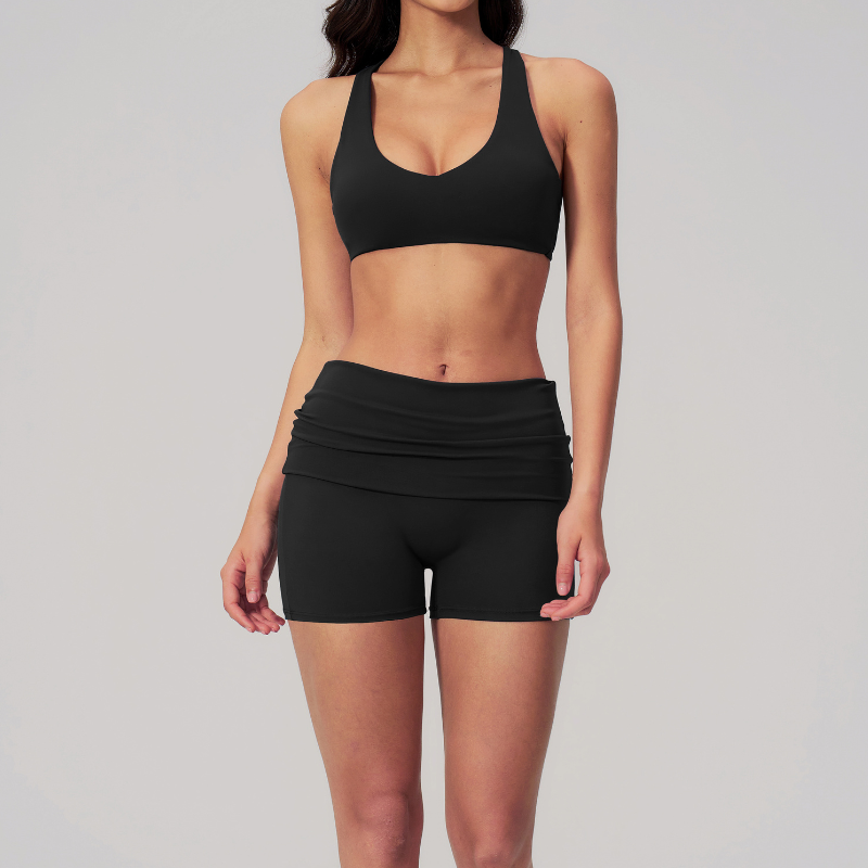 Wholesale Cross Trap Sports Bra + Fold-Up Waistband Shorts 2-Piece Set