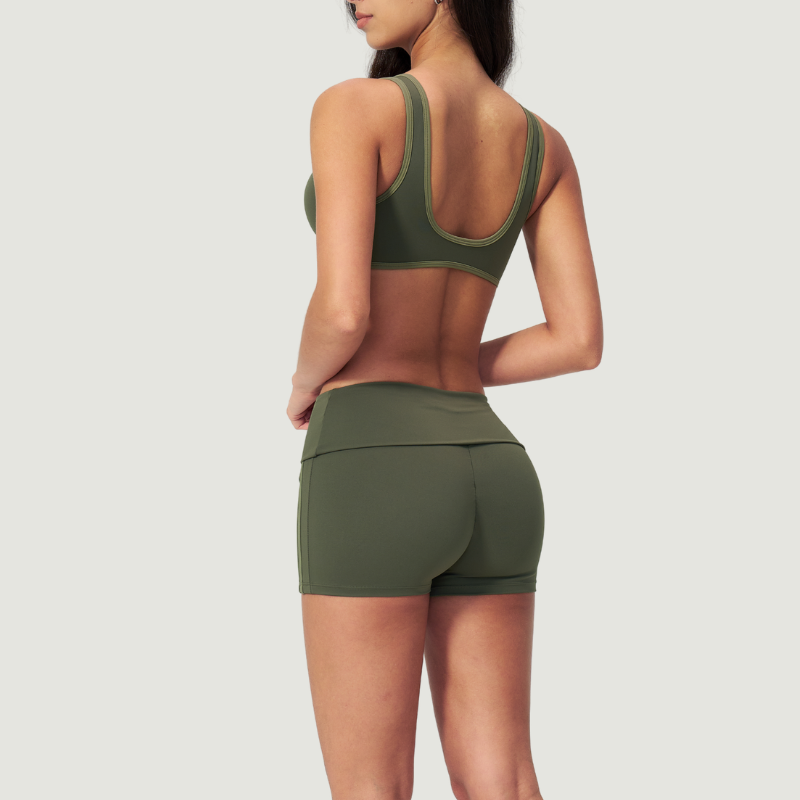Wholesale Color Block V-Neck Sports Bra & Fold-Up Shorts Set