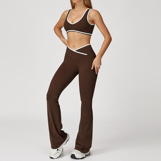 Contrasting Color Sports Bra + Cross High Waist Pants 2-piece set