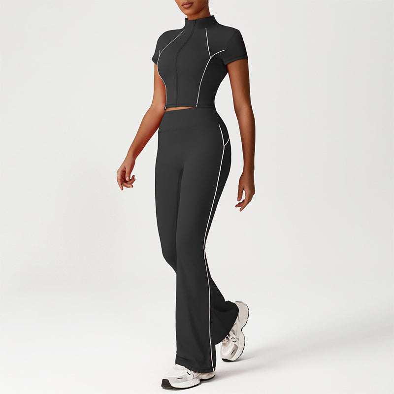 Stand-Collar Cropped Jacket + Butt-Lifting Flared Pants 2-Piece Set