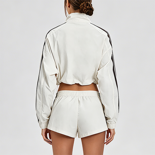 Wholesale Zebra striped zip-up long-sleeved jacket + high-waisted athletic shorts (Pre-sale)