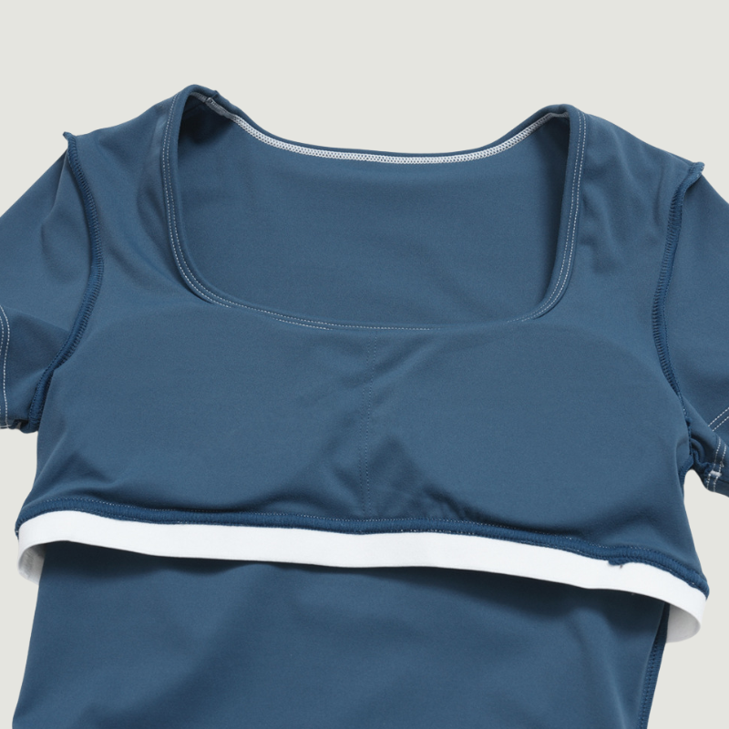 Wholesale Women's Seam-Detail Colorblock Short Sleeve Crop Top – Butt-Lifting Yoga Gym Activewear FDX2036