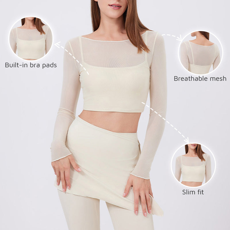 Faux Two-Piece Mesh Off-the-Shoulder Long-Sleeve Top