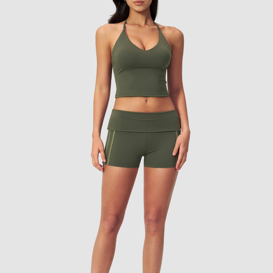 Wholesale Color Block V-Neck Sports vest & Fold-Up Shorts Set