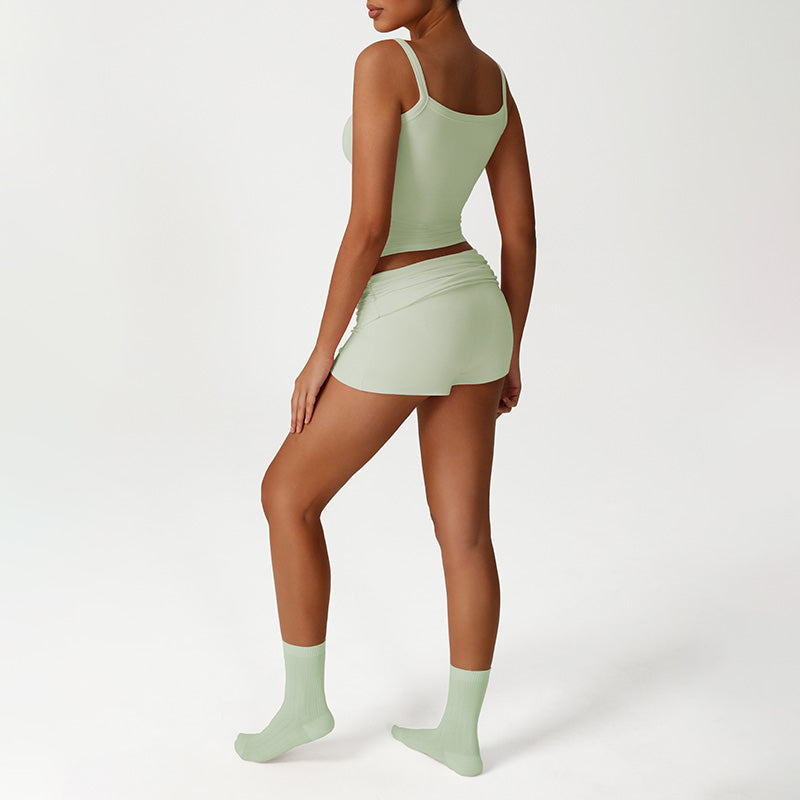 Lace Low-Cut Crop Top + Elastic Ruched Waistband Shorts 2-Piece Set