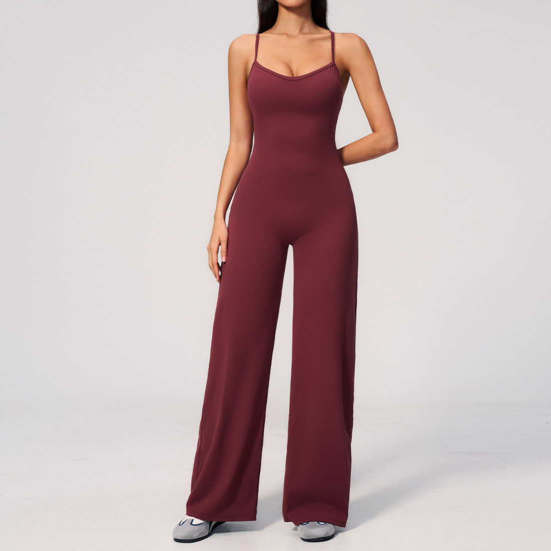 Wholesale Women's Brushed Yoga Jumpsuit – Cross Back Wide-Leg Athletic Bodysuit w/ Chest Pad