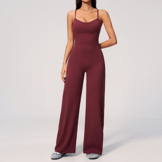 Wholesale Women's Brushed Yoga Jumpsuit – Cross Back Wide-Leg Athletic Bodysuit w/ Chest Pad