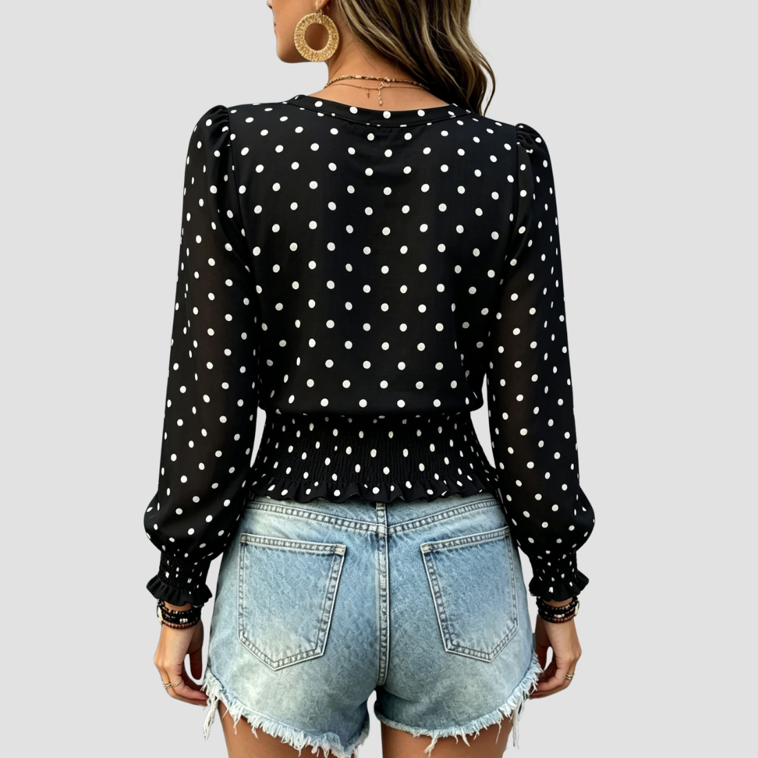 Wholesale Women's Round neck printed polka dot long sleeve V-neck fashionable casual top