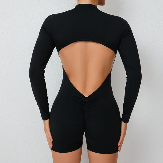 backless half zipper long sleeve yoga shorts jumpsuit