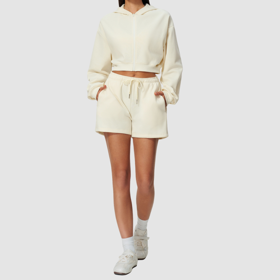 Wholesale Women's Relaxed Fleece-Lined  Zip Up Hoodie & Sweat Shorts Set