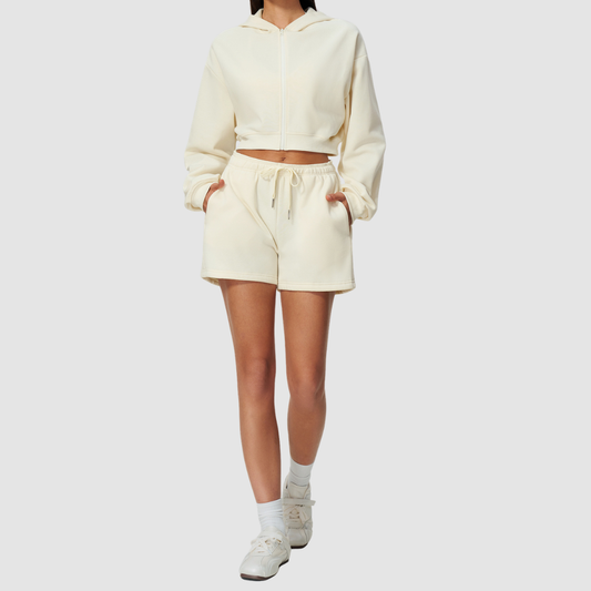Wholesale Women's Relaxed Fleece-Lined  Zip Up Hoodie & Sweat Shorts Set