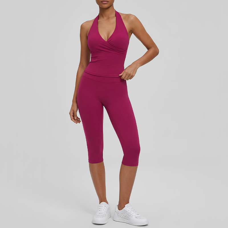 Wholesale V-neck halter top + high-waisted cropped pants set