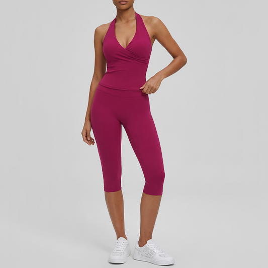 Wholesale V-neck halter top + high-waisted cropped pants set