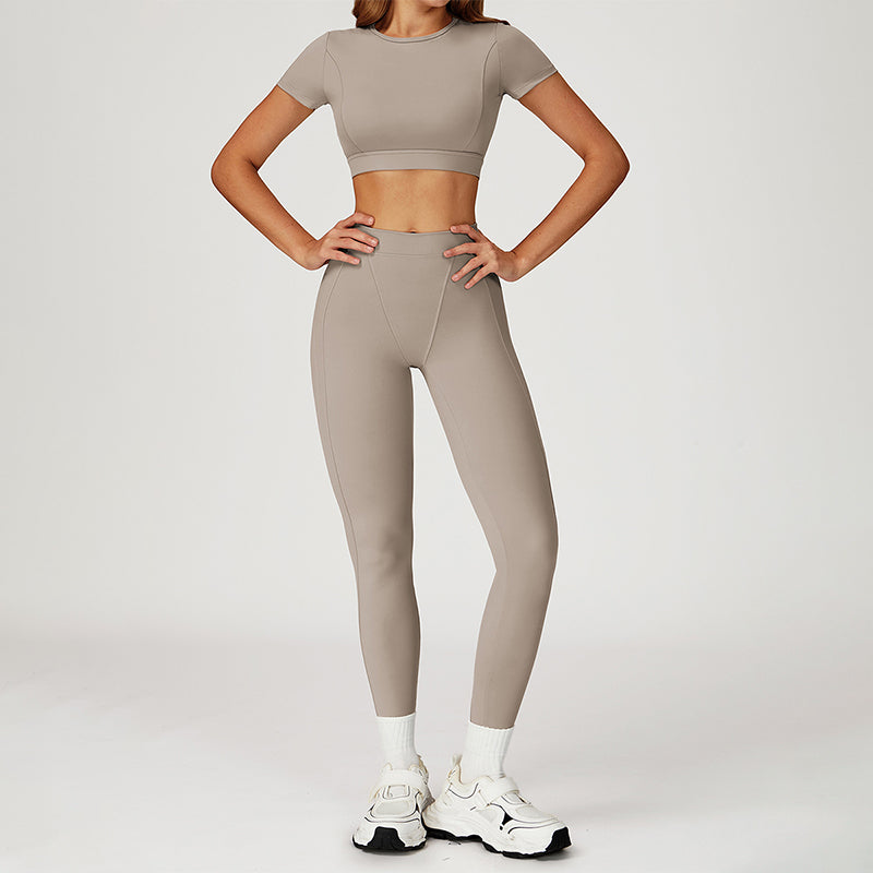 round-neck short sleeve sports crop top+high-waisted leggings set