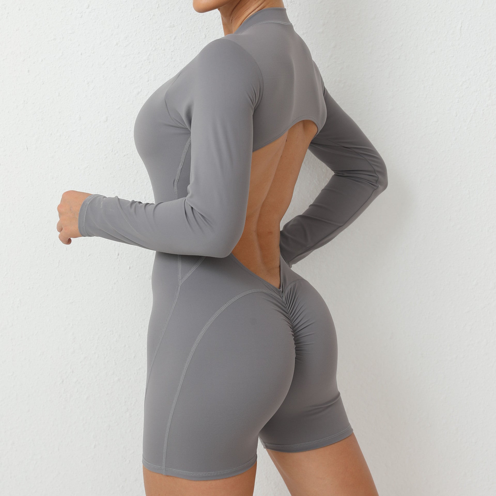 backless half zipper long sleeve yoga shorts jumpsuit