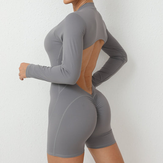 backless half zipper long sleeve yoga shorts jumpsuit