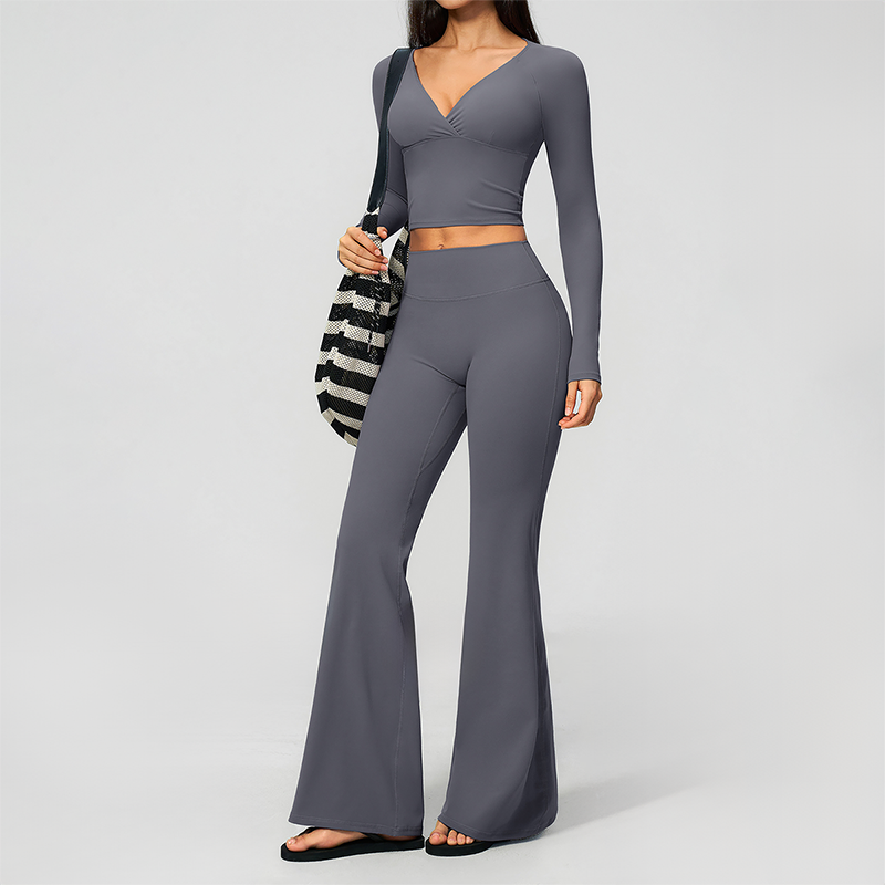 Wholesale Women's Cream-Feel Fleece Long Sleeve Top & High waisted flared Pants Set