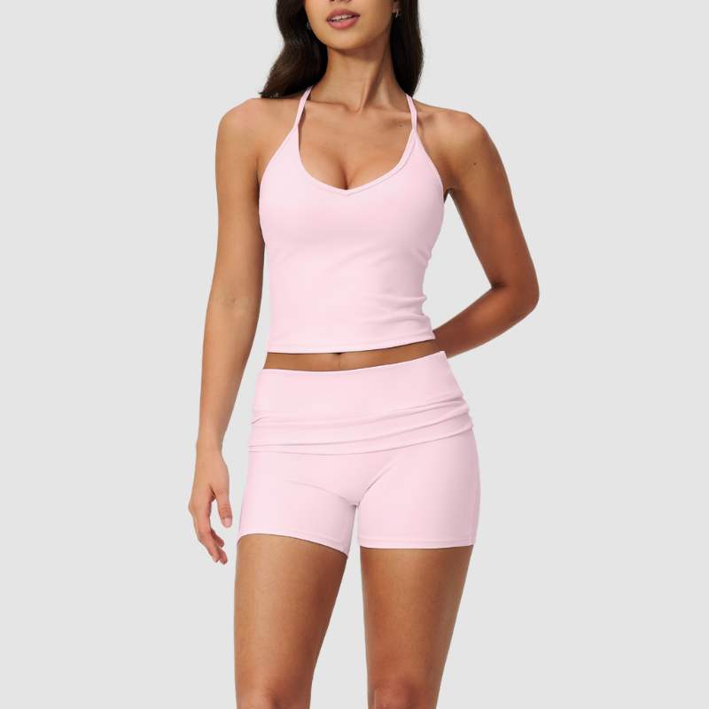 Wholesale women's brushed vest and fold-over hip-lifting shorts set