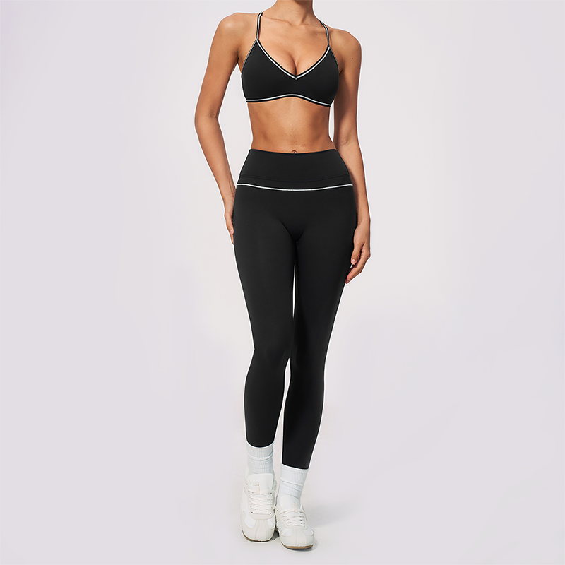 Wholesale Women's Brushed Yoga Set: V-Neck Bra & Leggings – Colorblock Tummy Control