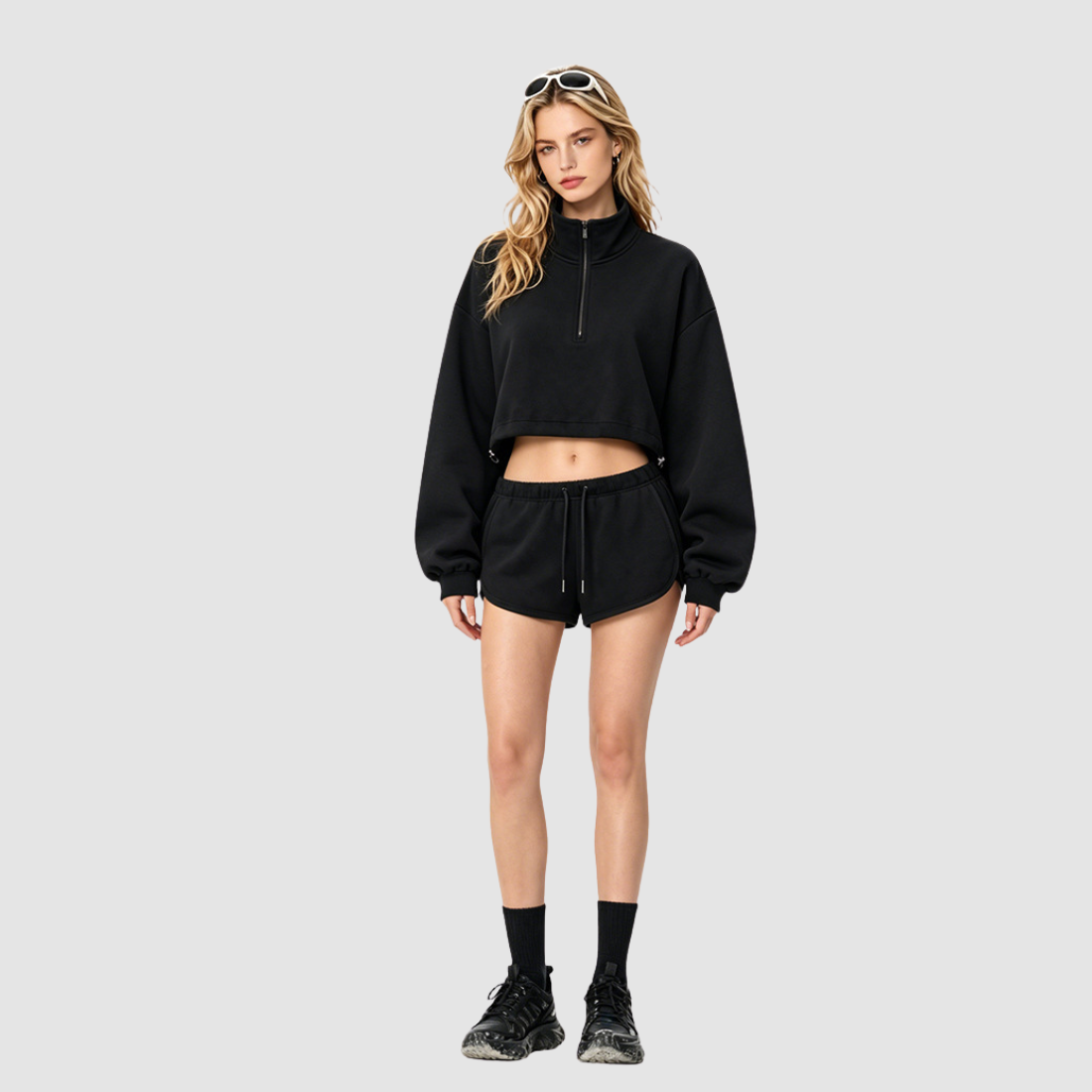 Wholesale RS Stand-Collar Half-Zip Top + Drawstring Shorts Set