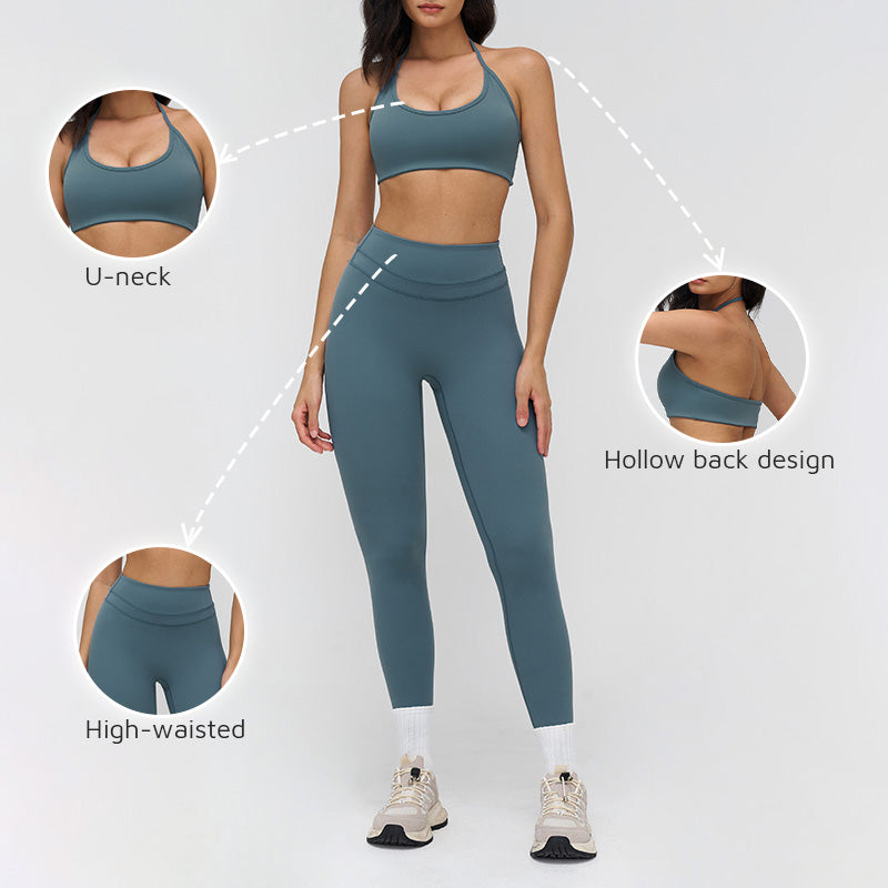 Halter-neck open-back sports bra + high-waisted leggings 2-piece set