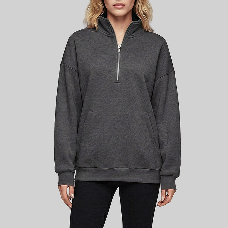 Loose long sleeved Half Zip Stand Collar Fleece Sweatshirt