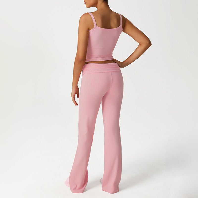 Lace Low-Cut Crop Top + Elastic Ruched Waistband Flared Pants 2-Piece Set