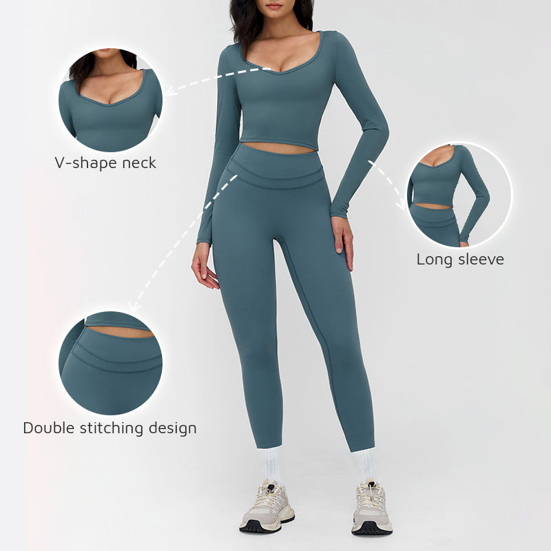 V-neck slim-fit long-sleeved top + High waist leggings 2-piece set