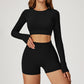 Round-neck long-sleeve high-waist fitted top+High-waist shorts 2-PIECE SET