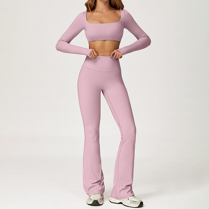 Solid color yoga fitness long sleeve + flared leg pants two-piece set
