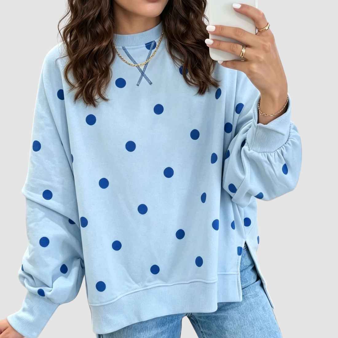 Wholesale Women's Polka Dot Pullover Sweatshirt – Loose Contrast Round-Neck Top