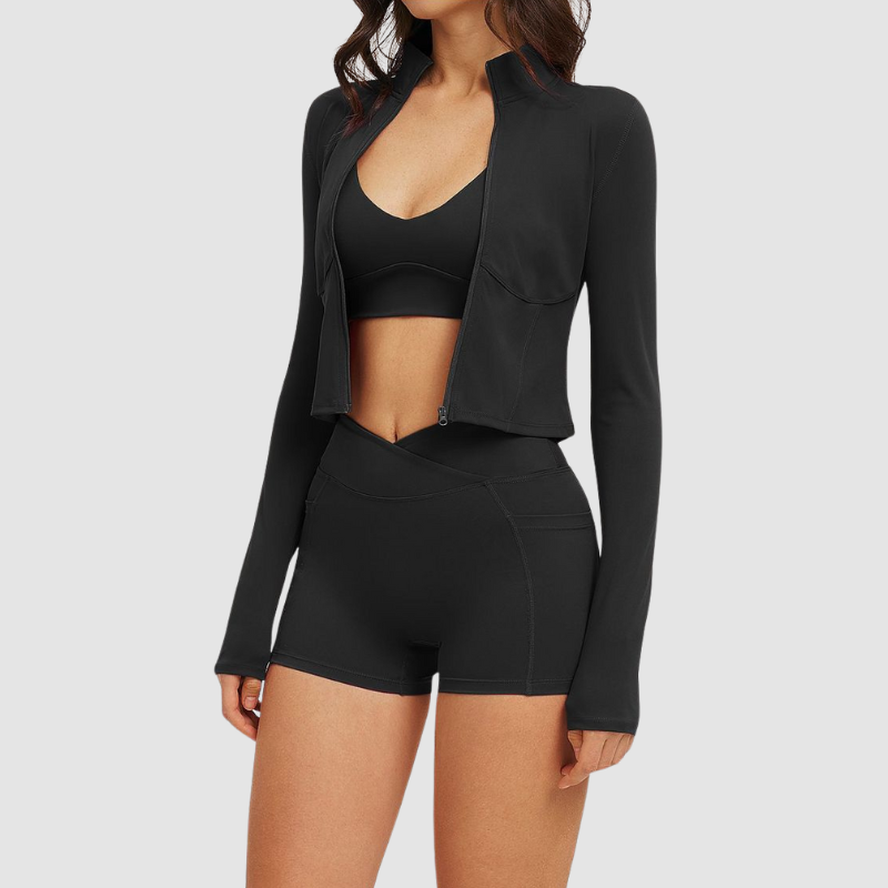Women's front-zip cardigan long-sleeved jacket & bra and shorts three-piece set