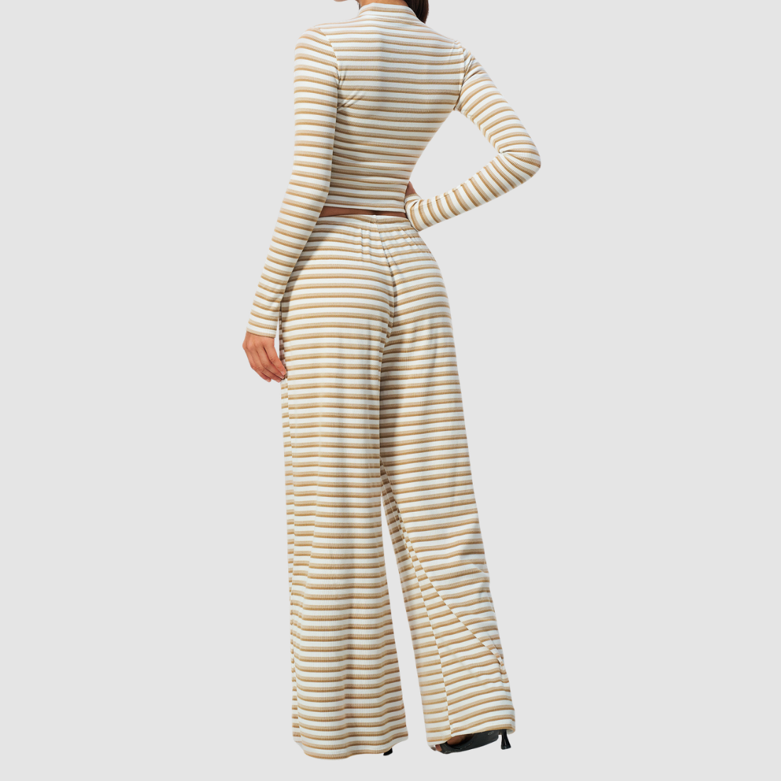 Wholesale Women's Stripe Yoga Set: Zip Stand-Collar Jacket & Wide-Leg Pants