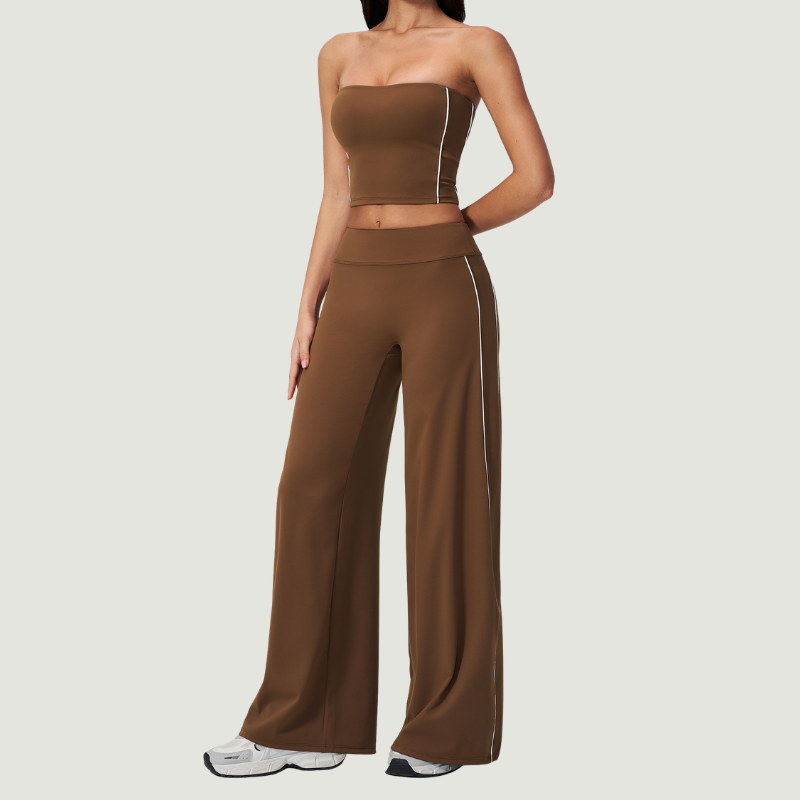 Wholesale Women's Brushed Strapless Tube Top & Wide-Leg Pants Set – Padded Yoga Fitness 2-Piece