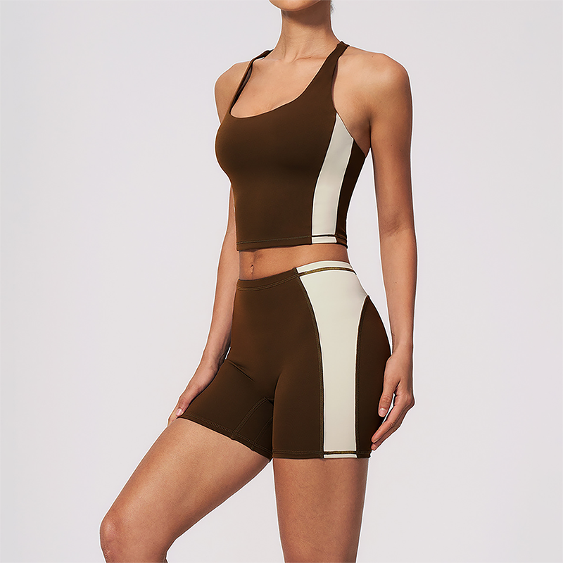 Wholesale Women's Colorblock Bare-Feel Yoga Set Tank Top & Shorts w/ Chest Pad