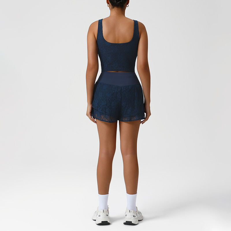 Lace Low-Cut Crop Top + Elastic Waistband Anti-Exposure Shorts 2-Piece Set